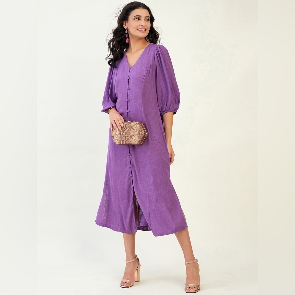 NEW‎ J.Jill Linen Blend Balloon Sleeve Button Front Purple Midi Dress Women’s LP - Picture 3 of 11